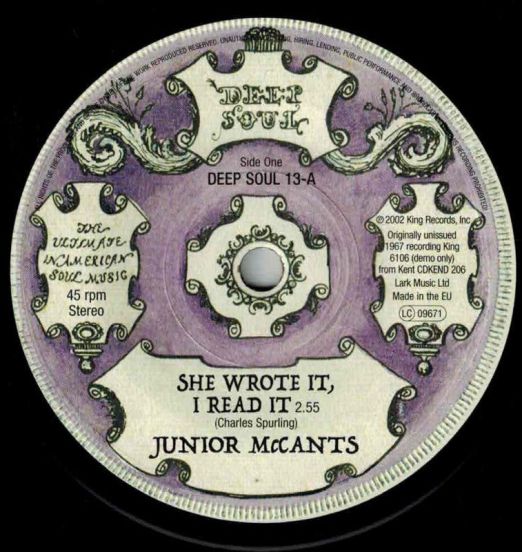 Junior McCants - She Wrote It, I Read It b/w Johnny Soul - Fall In These Arms Of Mine - Kent Deep Soul 7"