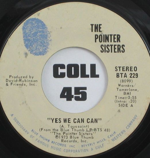 Pointer Sisters - Yes We Can b/w Jada - Blue Thumb 7"