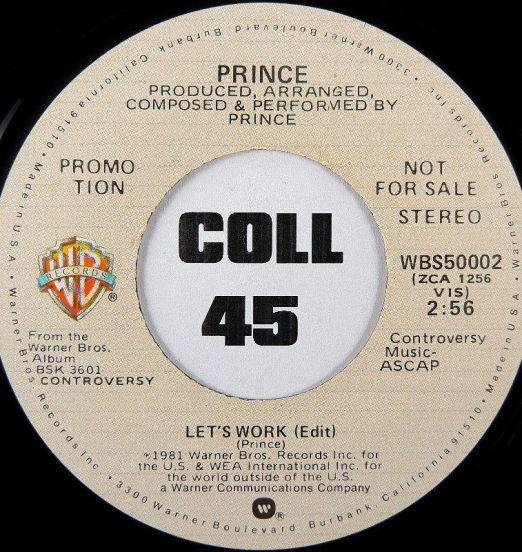 Prince - Let's Work (Edit)  b/w Mono Version - Warner Bros. Promo 7"