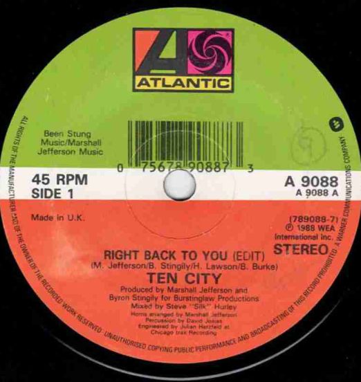 Ten City - Right Back To You (Edit) b/w One Kiss Will Make It Better - Atlantic UK 7"