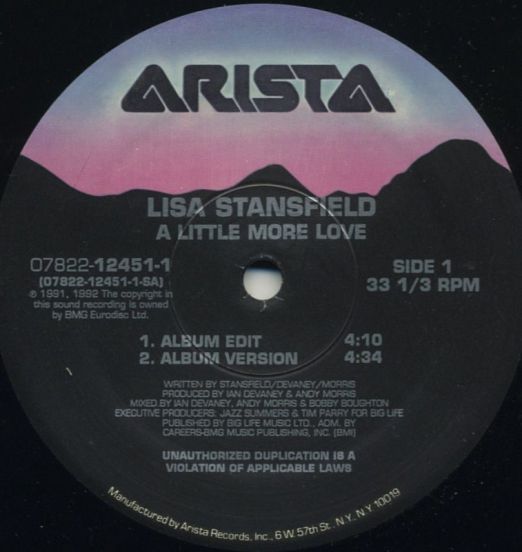Lisa Stansfield – A Little More Love b/w Set Your Loving Free - Arista 12"