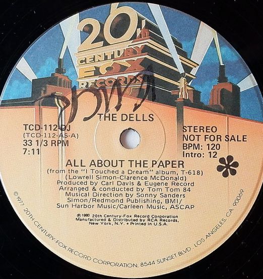 The Dells - All About The Paper b/w I Touched A Dream - 20th Century Fox DJ 12"