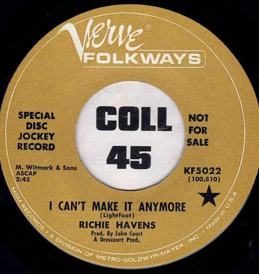 Richie Havens - I Can't Make It Anymore b/w Morning, Morning - Verve Folkways DJ 7"