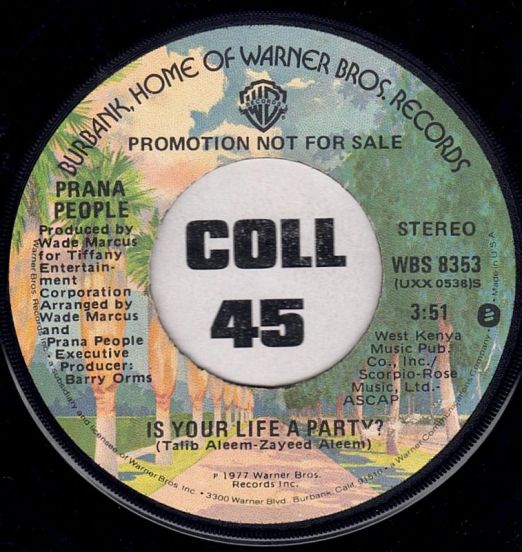 Prana People - Is Your Life A Party? STEREO b/w MONO Version - Warner Bros. 7"