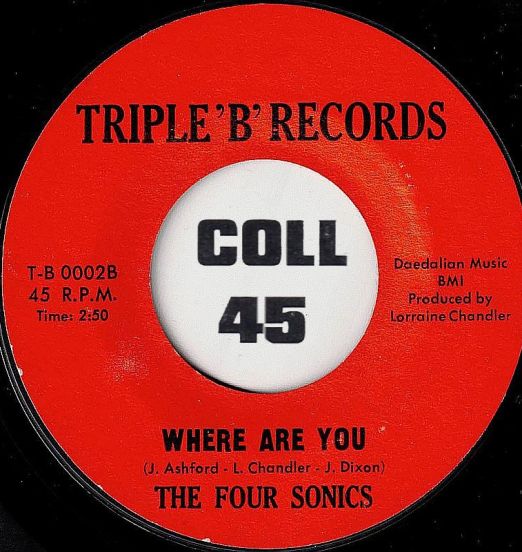 The Four Sonics - Where Are You b/w Blue Velvet - Triple 'B' 7"