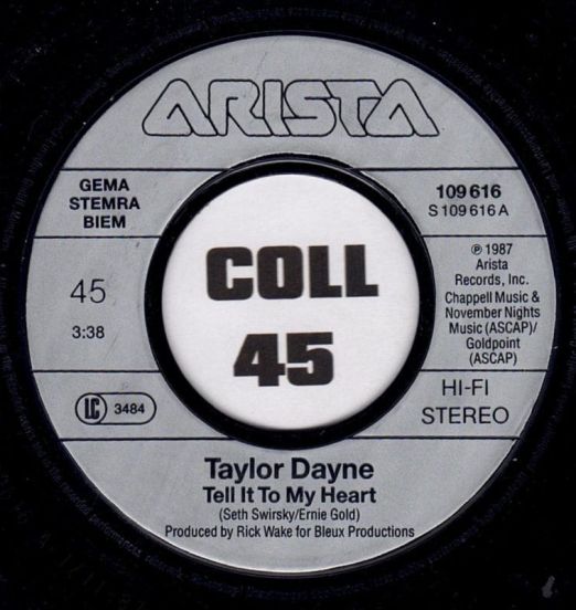 Taylor Dayne - Tell It To My Heart b/w Instrumental - Arista 7"
