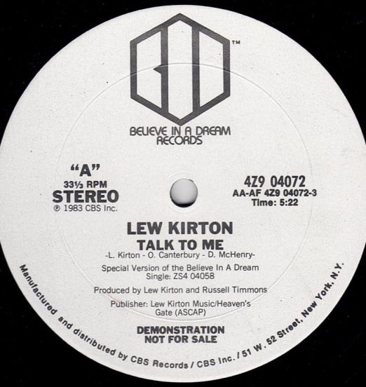 Lew Kirton - Talk To Me  b/w Instrumental - Believe In A Dream DJ 12"