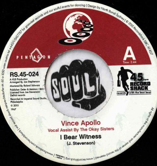 Vince Apollo - I Bear Witness b/w The Del Valians - UnreIeased Instrumental - Record Shack AT 7"