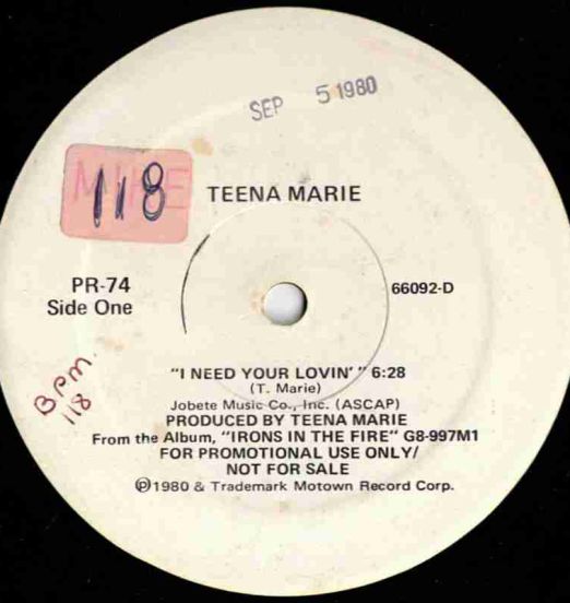 Teena Marie - I Need Your Lovin' b/w High Inergy - Make Me Yours - Motown DJ 12"