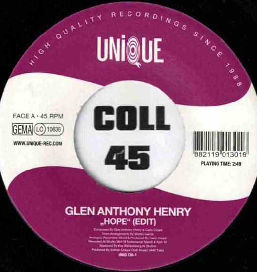 Glen Anthony Henry - Hope (Edit) b/w Hope - Unique GER 7"