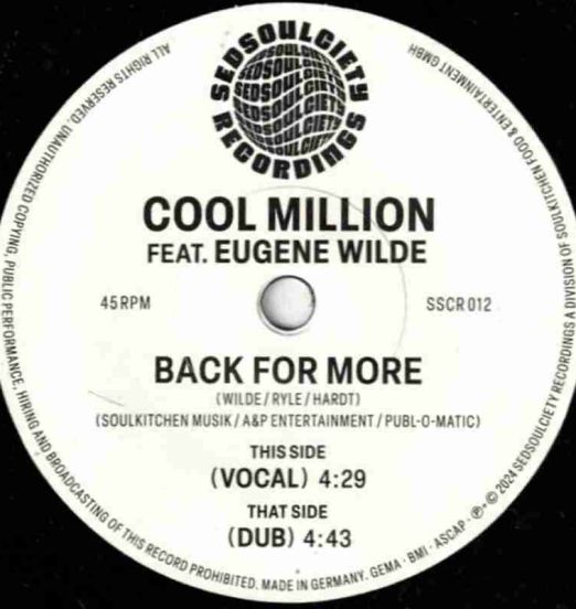Cool Million Feat. Eugene Wilde - Back For More (Vocal) b/w Dub - Sedsoulciety GER 7"
