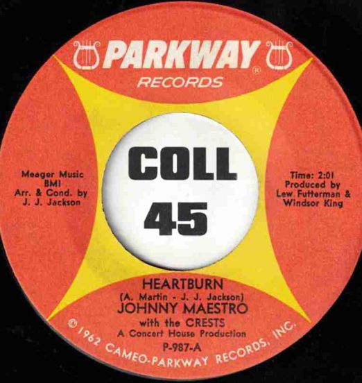 Johnny Maestro With The Crests - Heartburn b/w Try Me - Parkway 7"