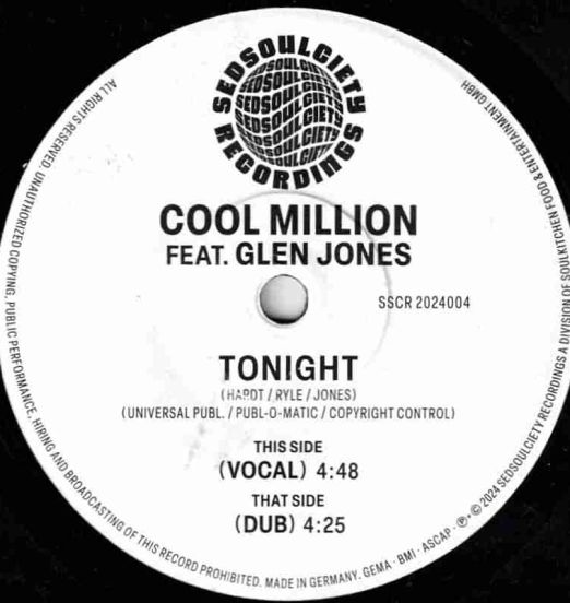 Cool Million Feat Glenn Jones - Tonight (Vocal) b/w Dub - Sedsoulciety GER 7"