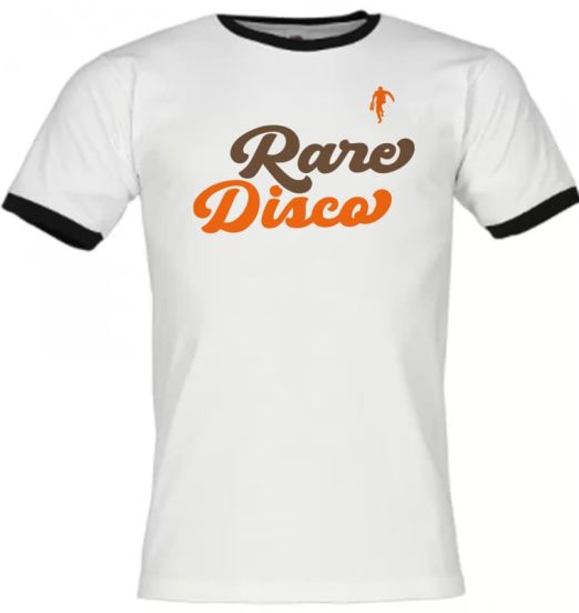 RareDiscoWHITEShirtFlockBlackCuffsRecordShackSoulwearRingerTshirtPICBROWNORANGE